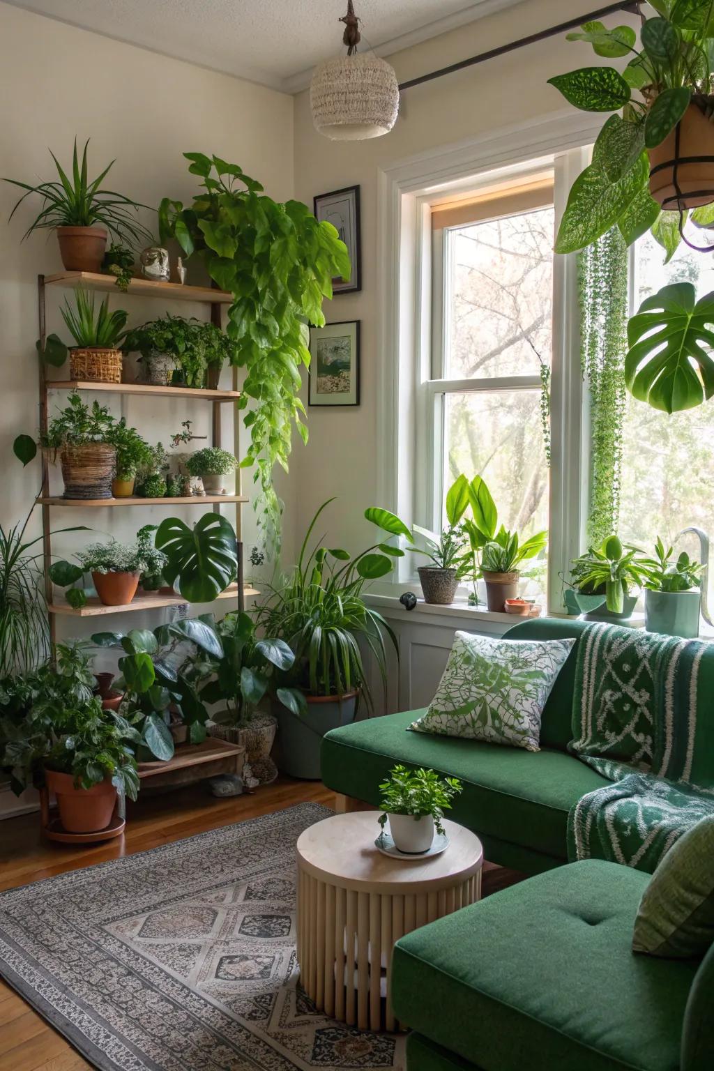 Abundant plants contribute vitality and vibrancy to this living space.