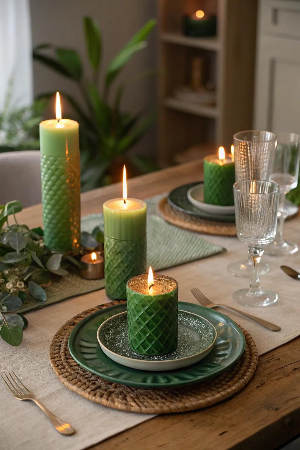 Emerald wax lights establishing a sophisticated and inviting ambiance.