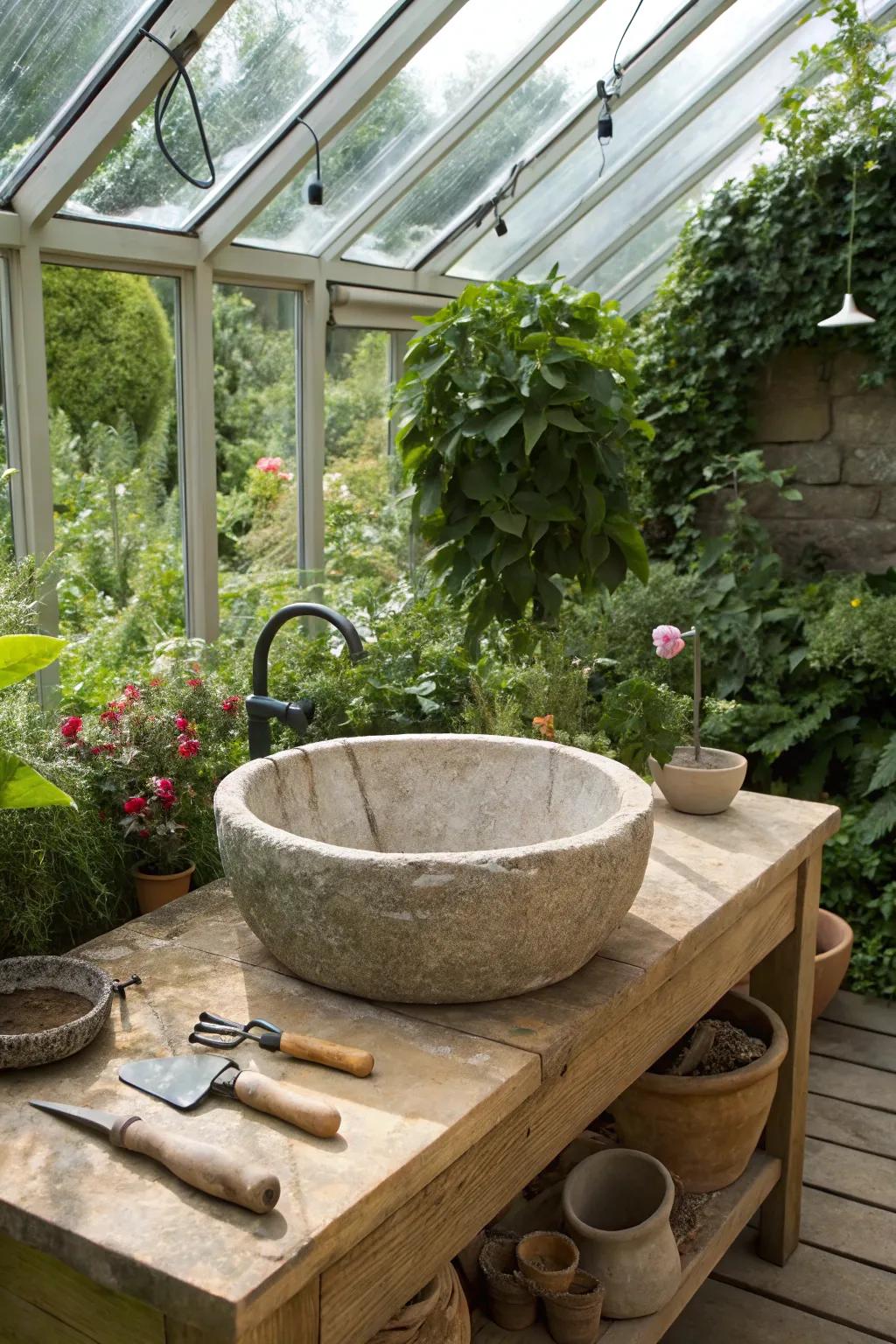 A stone sink radiating elegance and blending with the natural environment.