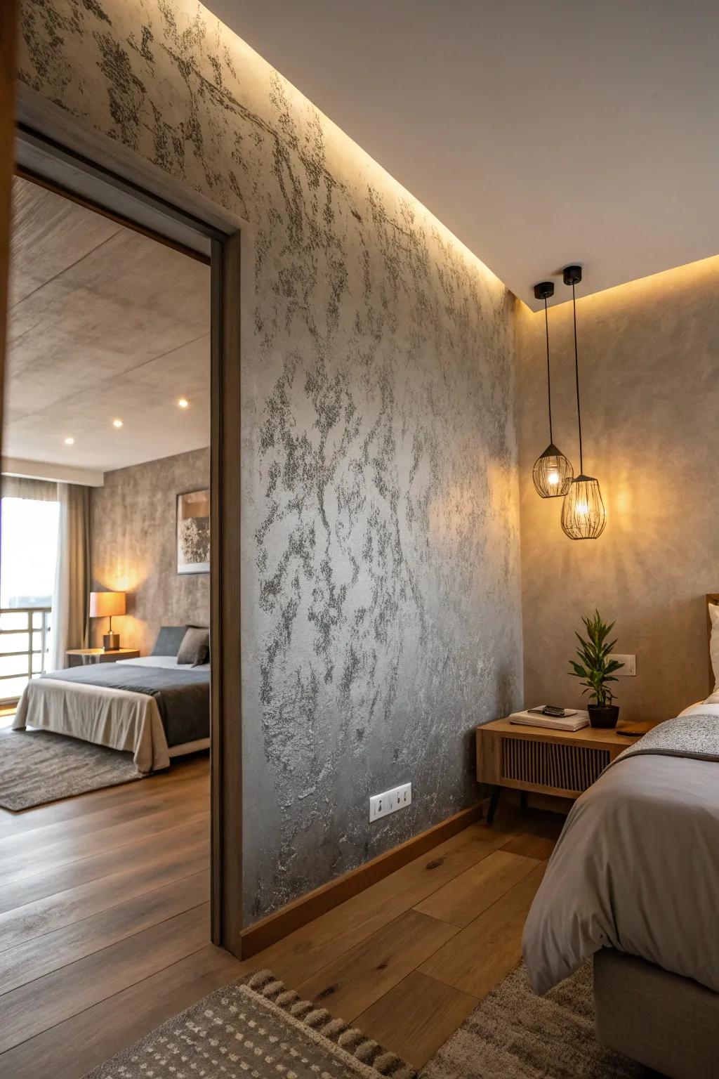 A textured grey feature wall contributes depth to this streamlined bedroom.