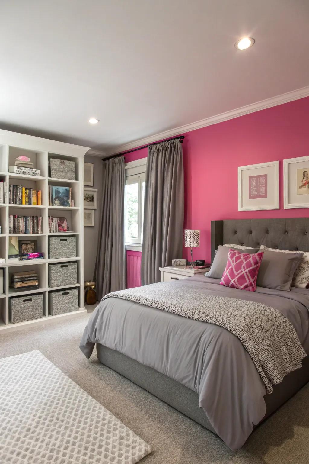 A pink feature wall offers a striking visual anchor in any bedroom.