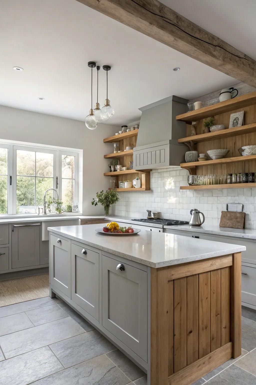 Timber highlights adding warmth to a grey and white kitchen