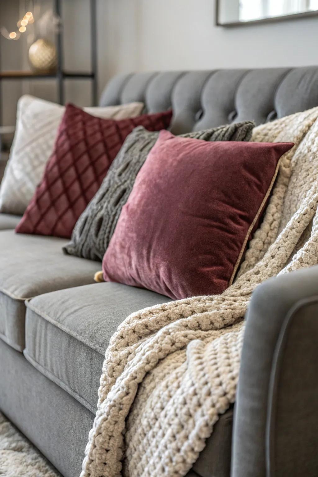 Various textures on a gray sofa produce a visually appealing result.