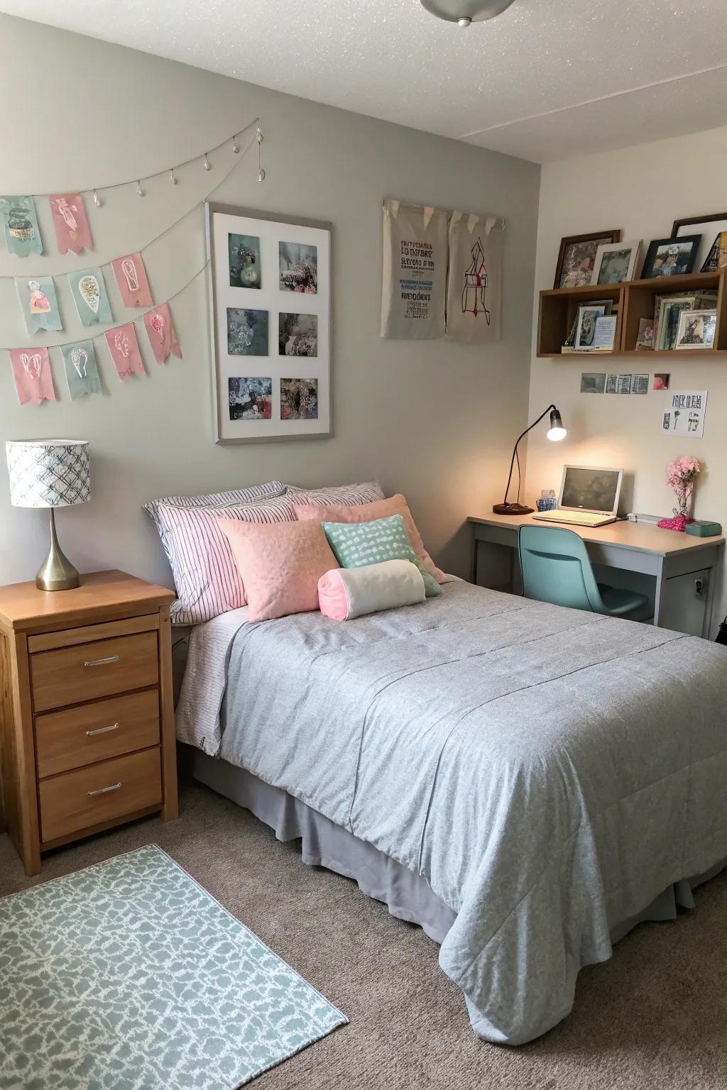 Pastel accents bring the grey to life.