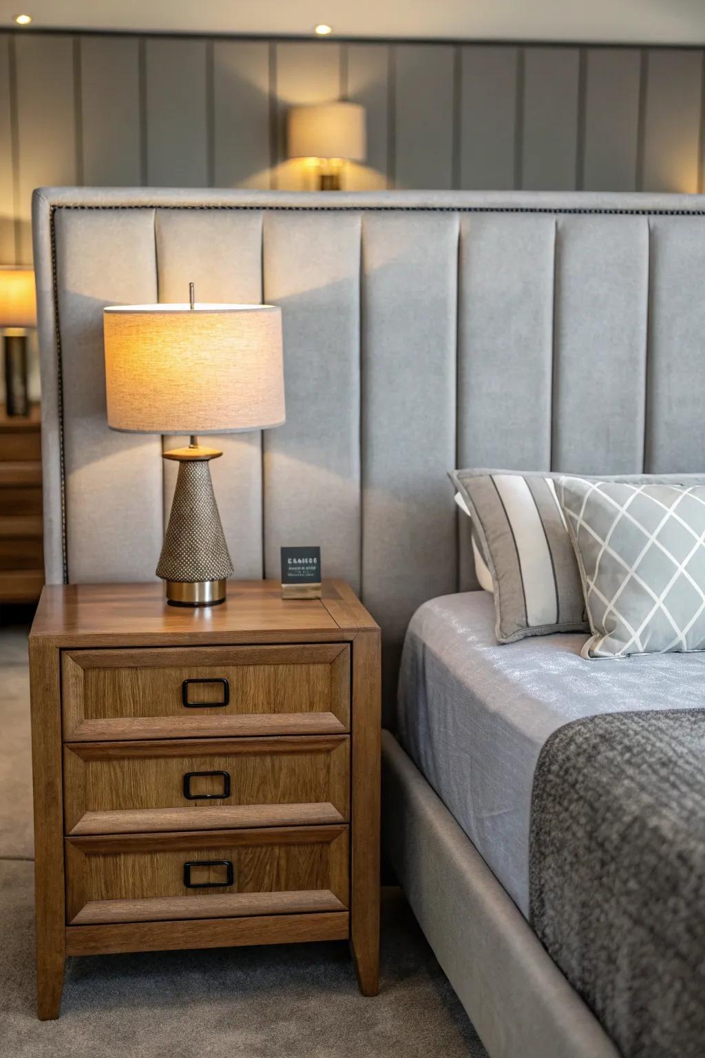 A balanced bedroom design featuring furniture that complements the grey headboard.