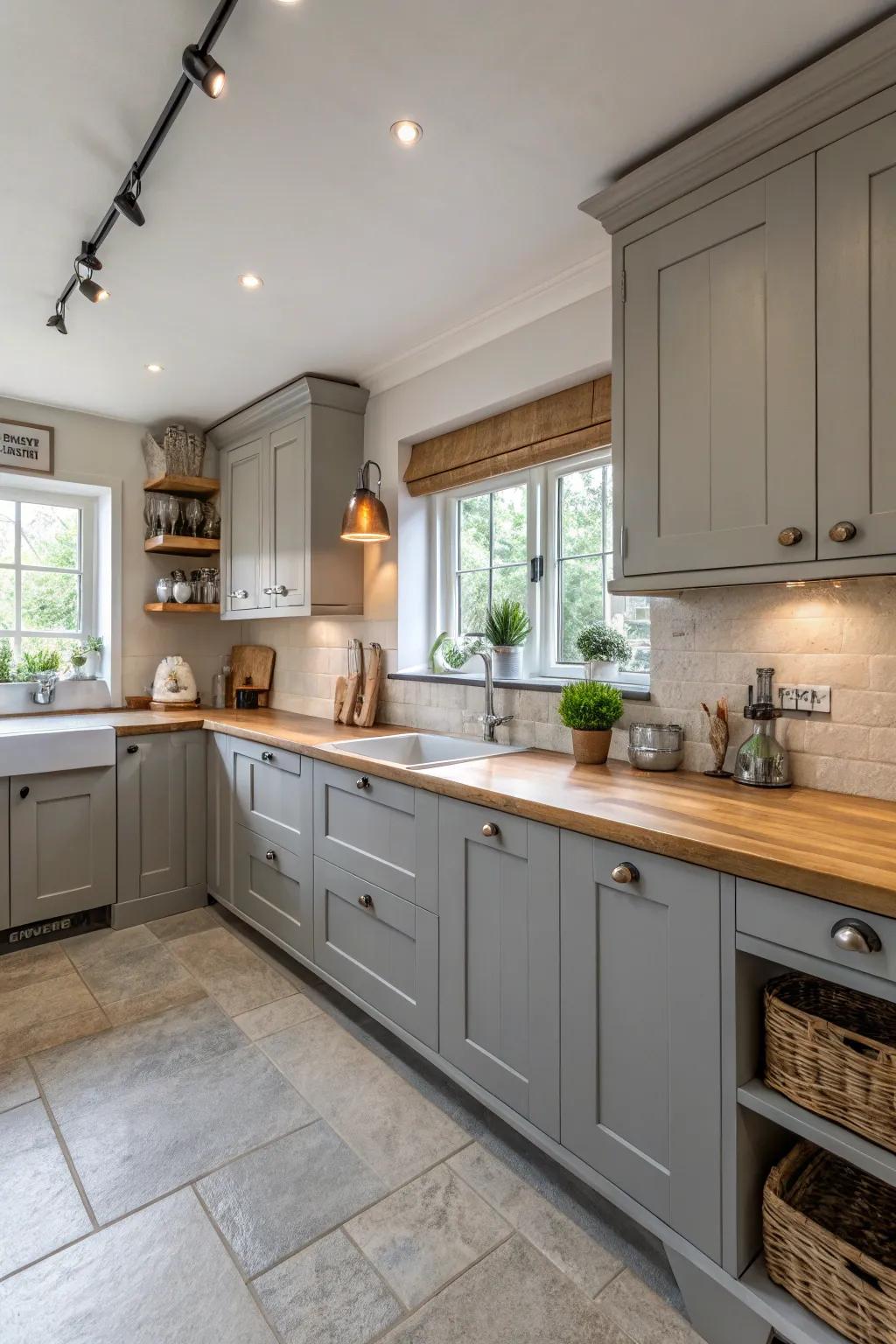 Wood details bring a sense of warmth and texture to a grey kitchen.