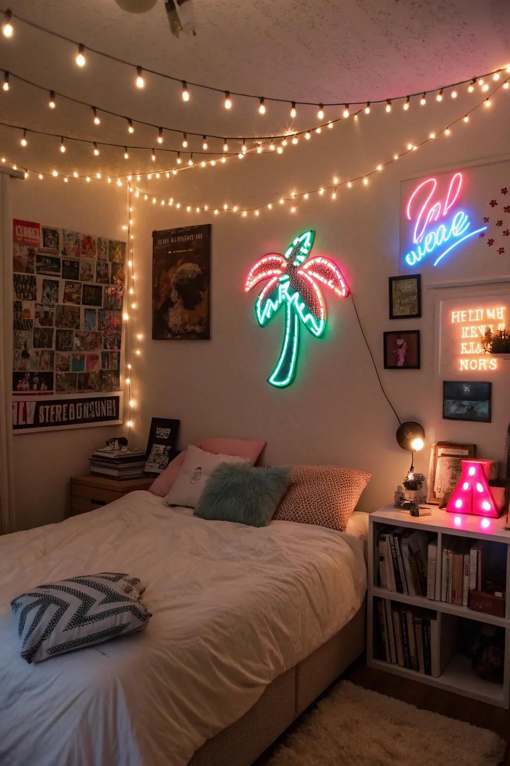 Fairy lights and neon signs contribute a fun element to your room.