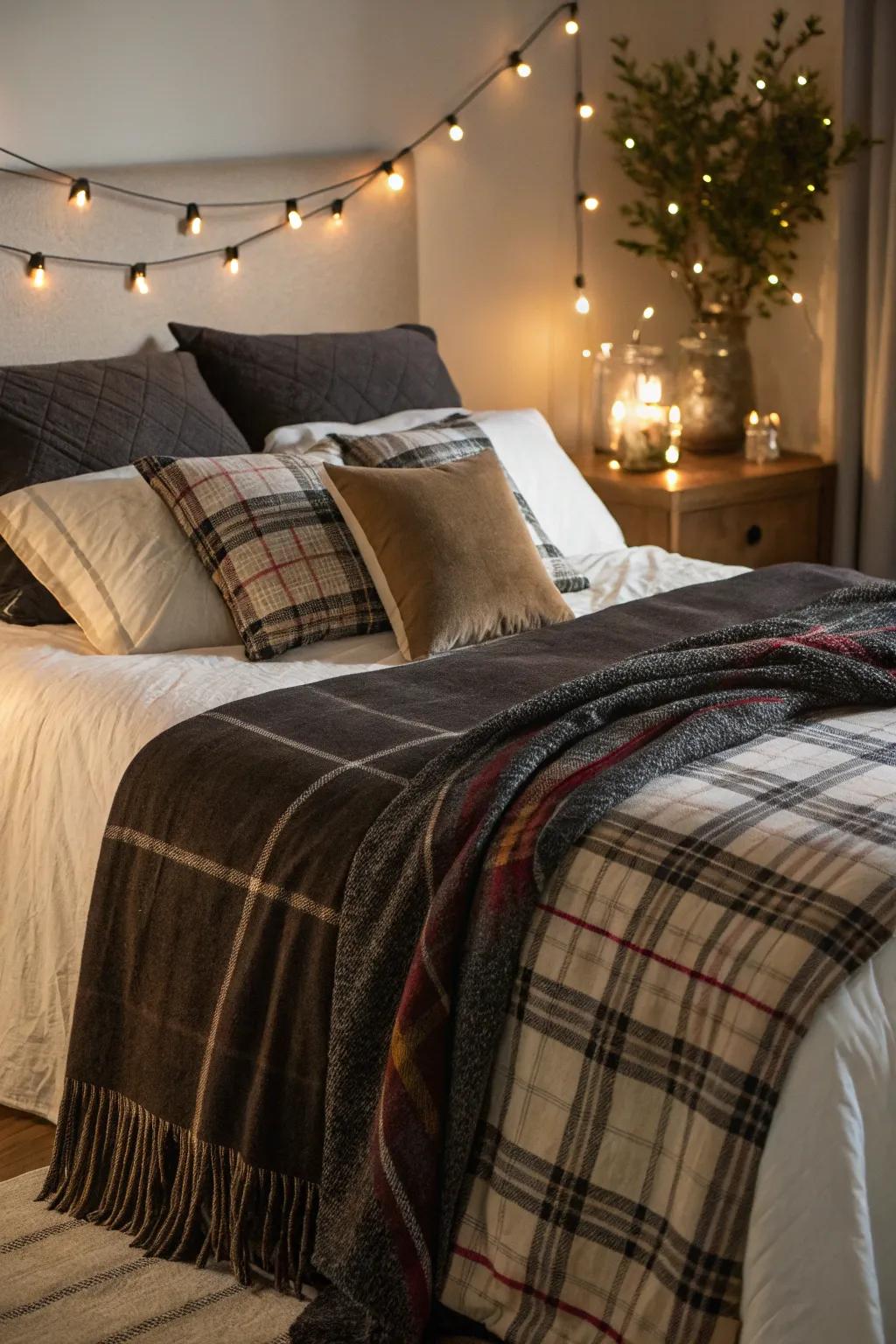 Dark and checkered fabrics fashion an intimate and trendy sanctuary.