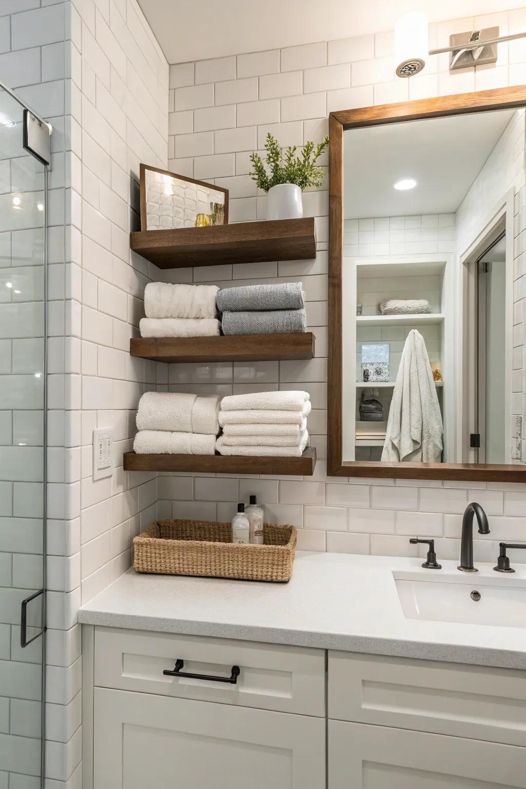 Floating shelves enhance towel displays with contemporary flair.