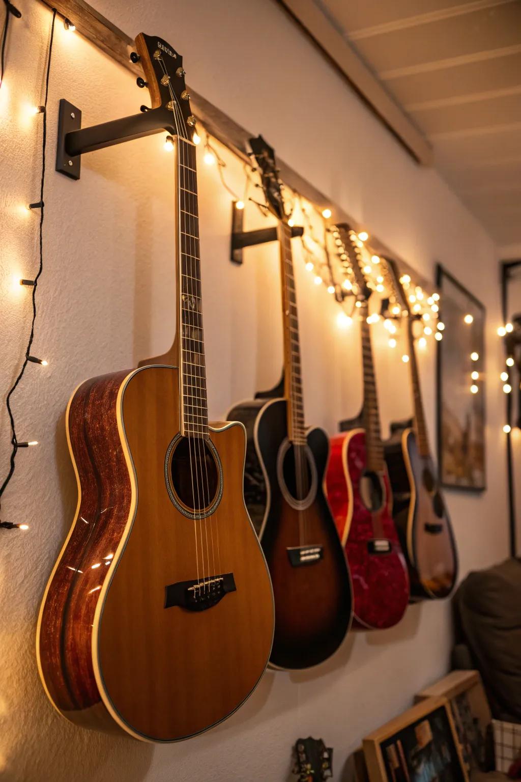 Guitars brightened by LED lights to make a snug setting.
