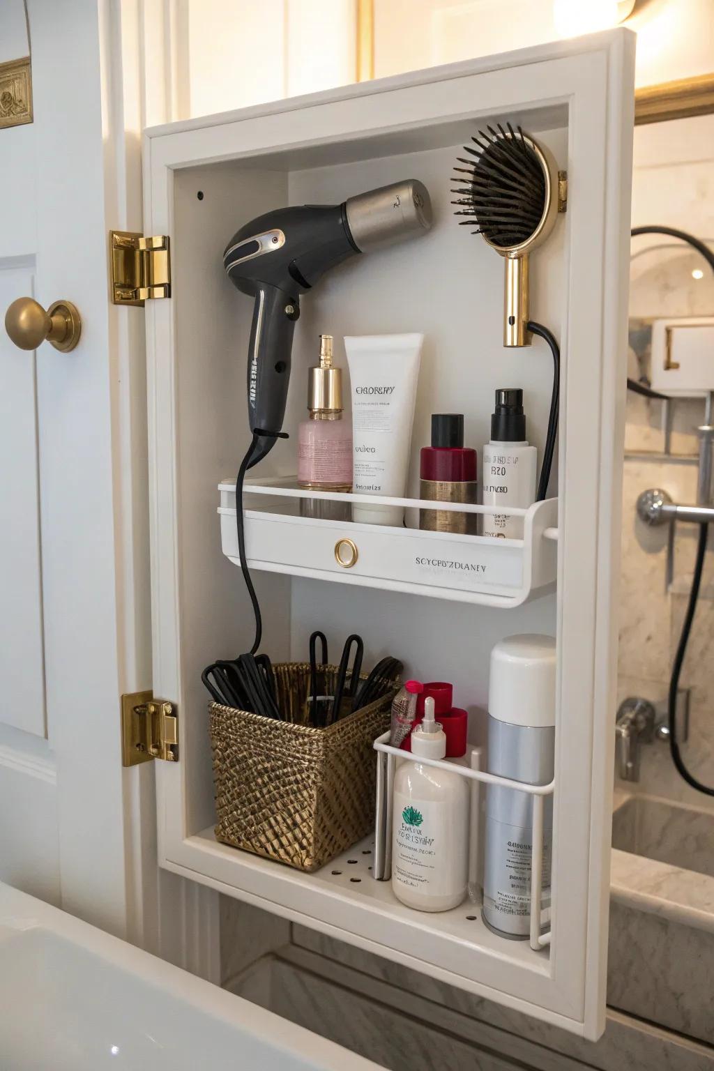 Concealed cabinet door mount offers unobtrusive and easy storage.