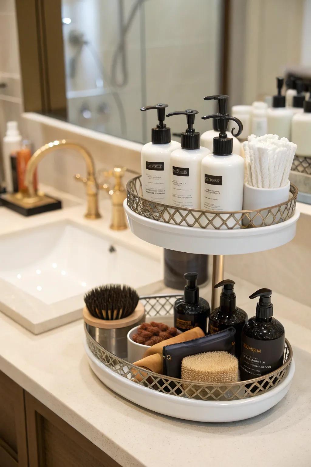 Stylish tiered trays keep hair products accessible and organized.