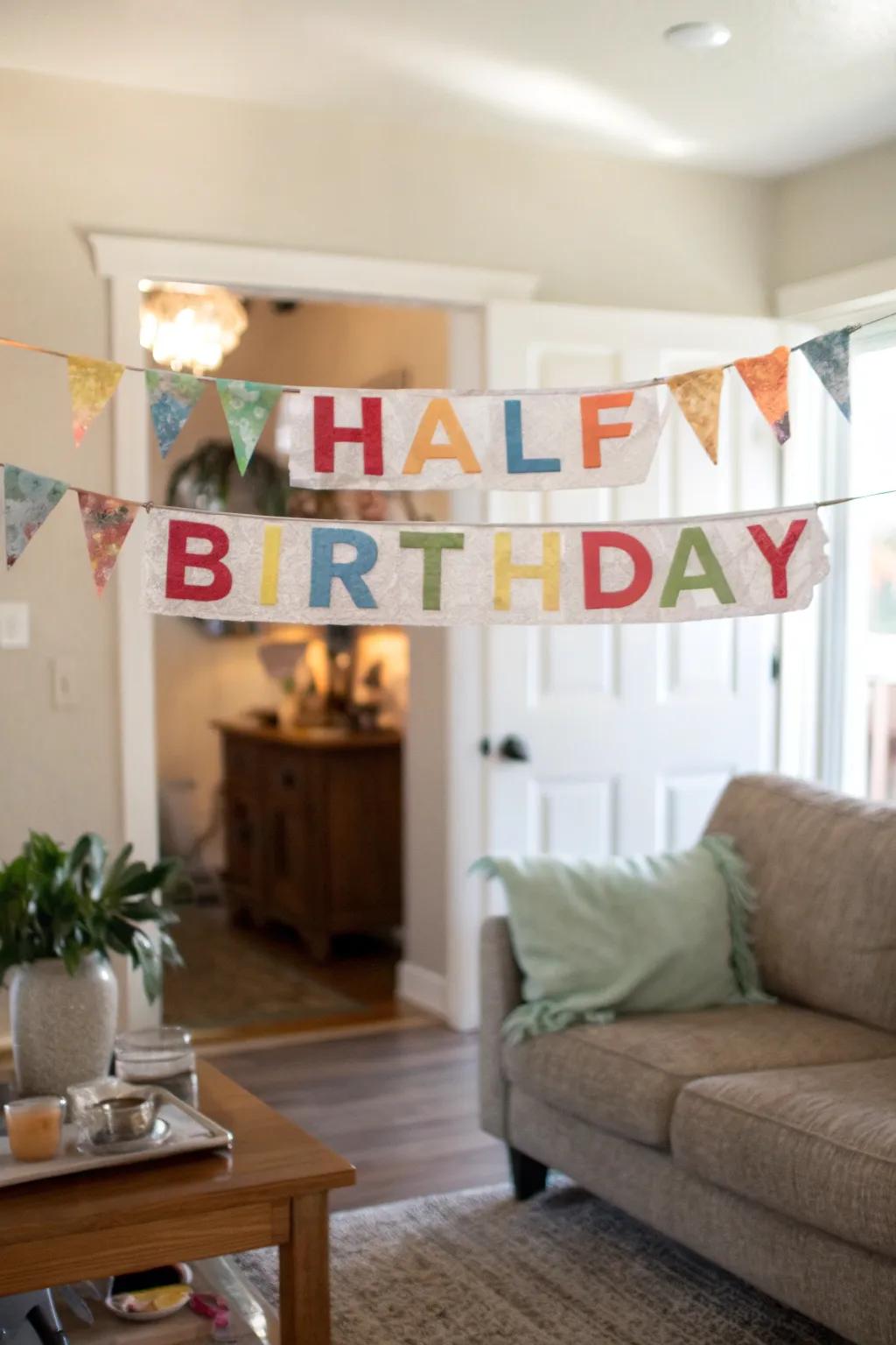 A cheerful, handcrafted half birthday banner that lends a personal touch to the party.