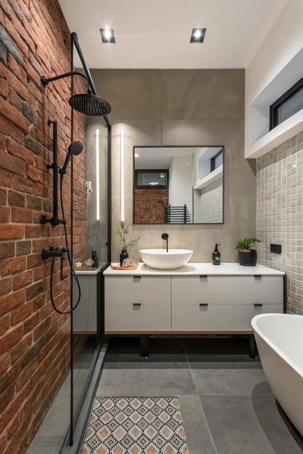 An up-to-date bathroom with a brick accent wall, displaying modern elegance.