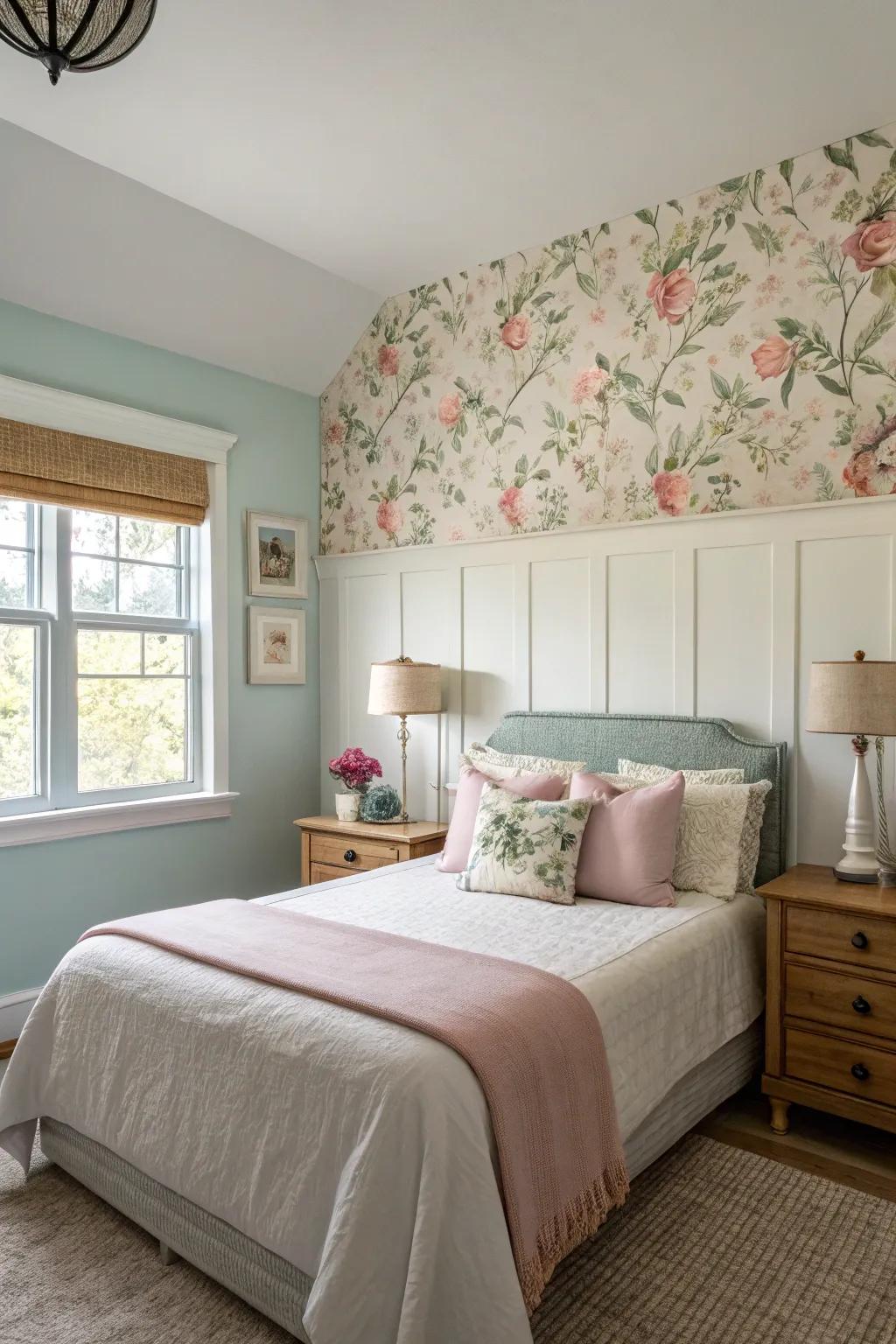 A dreamy bedroom scene with bloom-patterned wall coverings and pastel coating, crafting a romantic atmosphere.