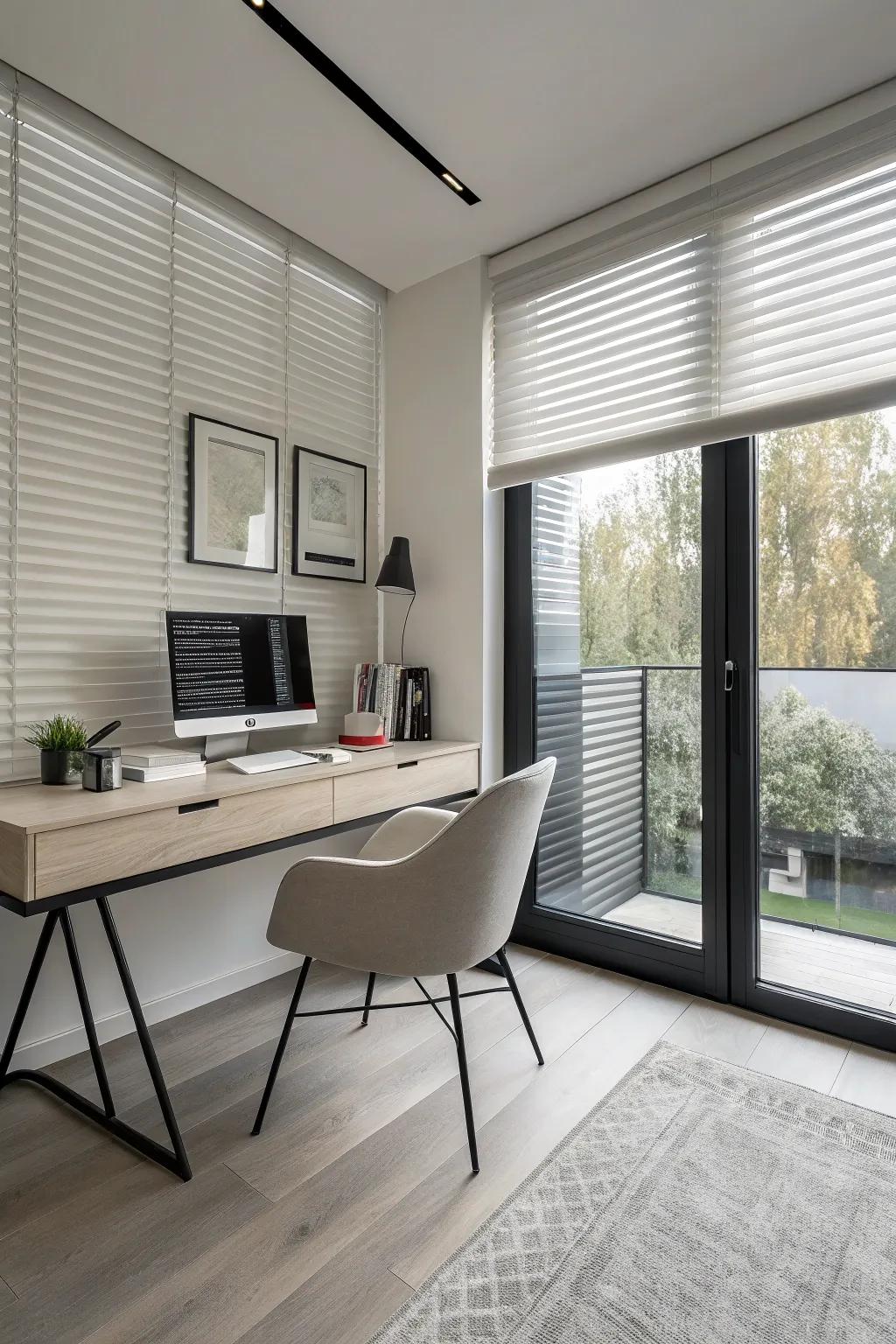 Modern home office featuring understated half window blinds.