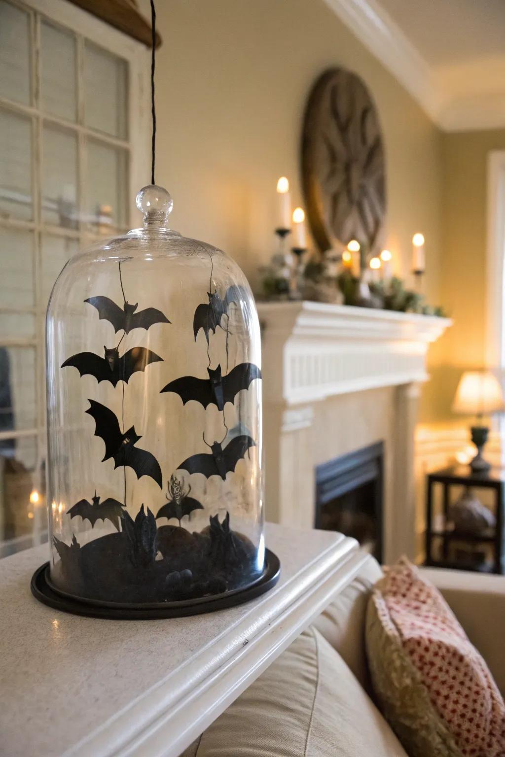 A vibrant display case showcasing bats seemingly in flight.