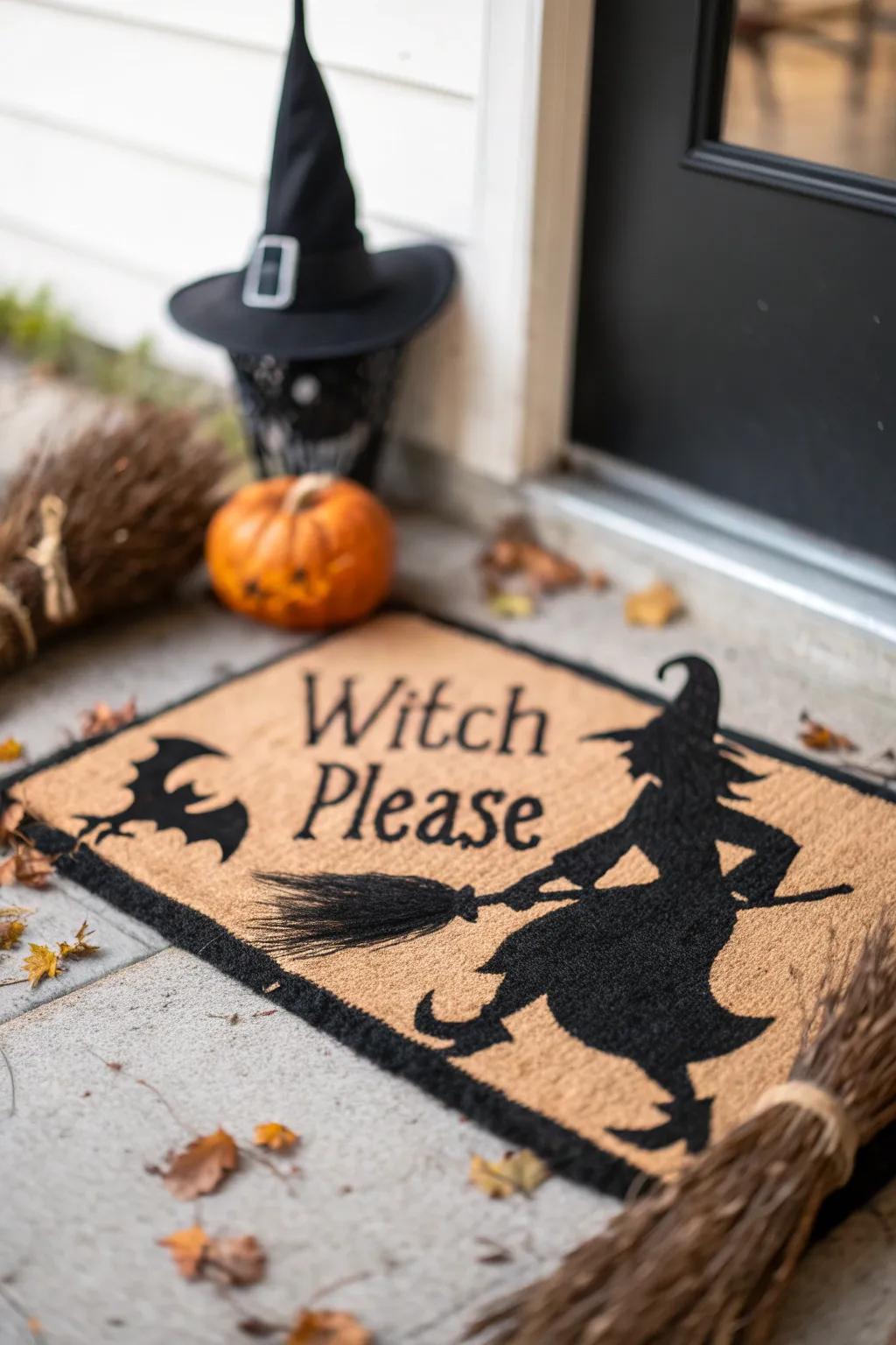 A witch-themed doormat adds humor and charm to your entryway.