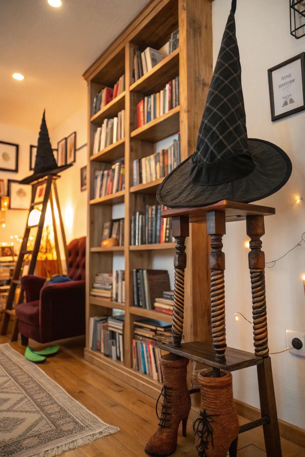 Playful sorceress decors in a library.
