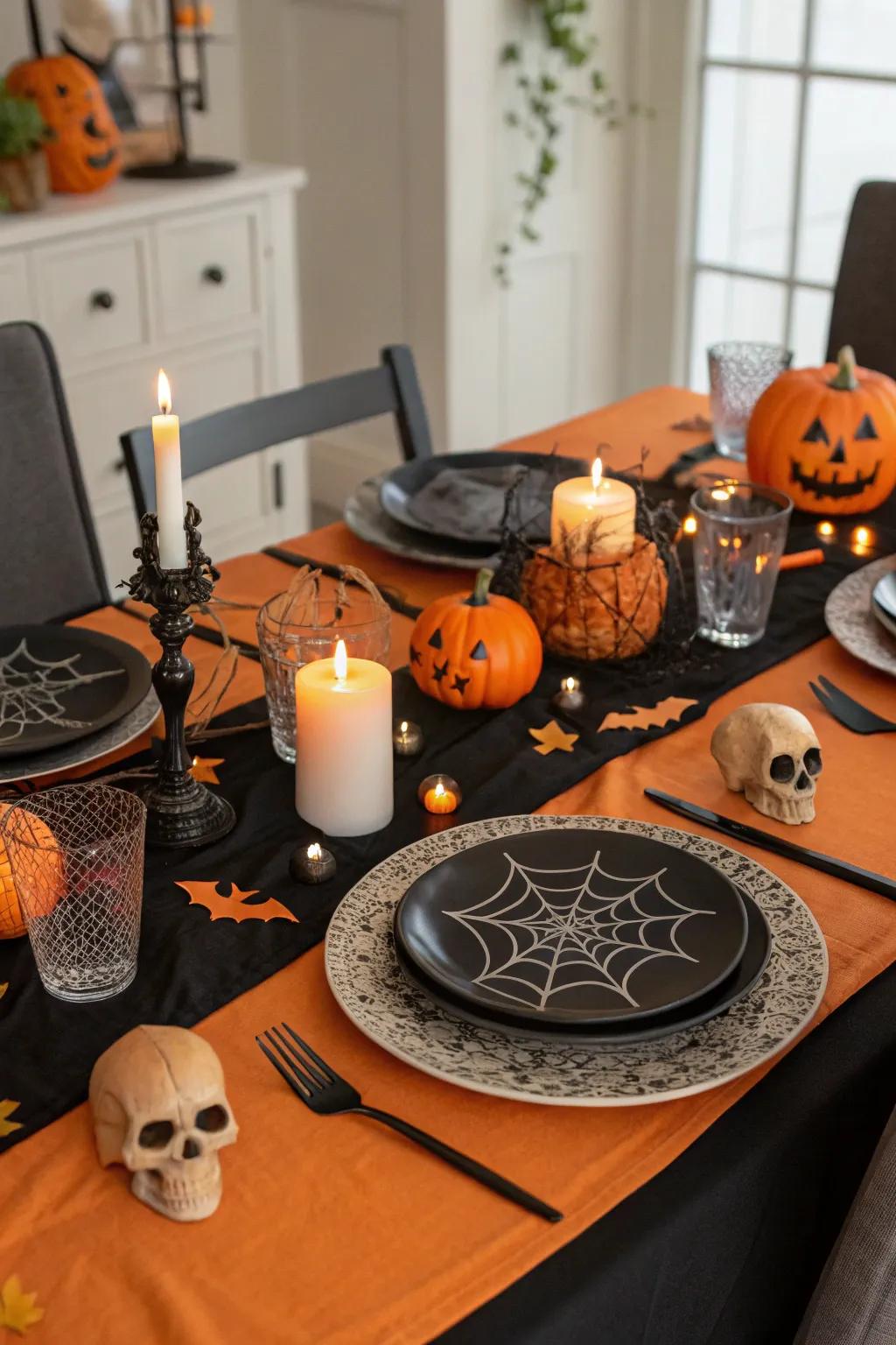 Establish the ambiance using eerie dining displays.