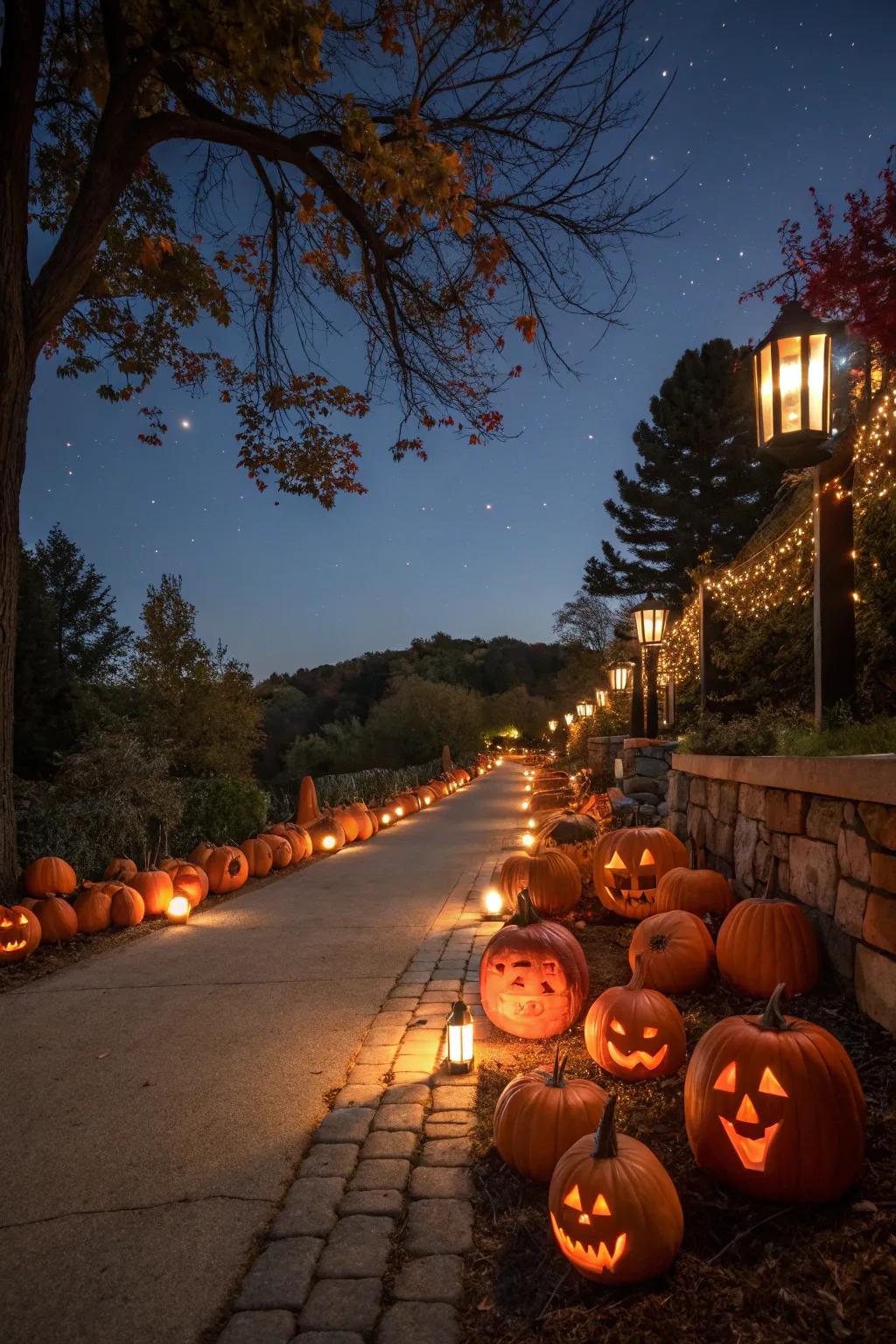 Illuminate your pathway with an arrangement of pumpkin decorations.