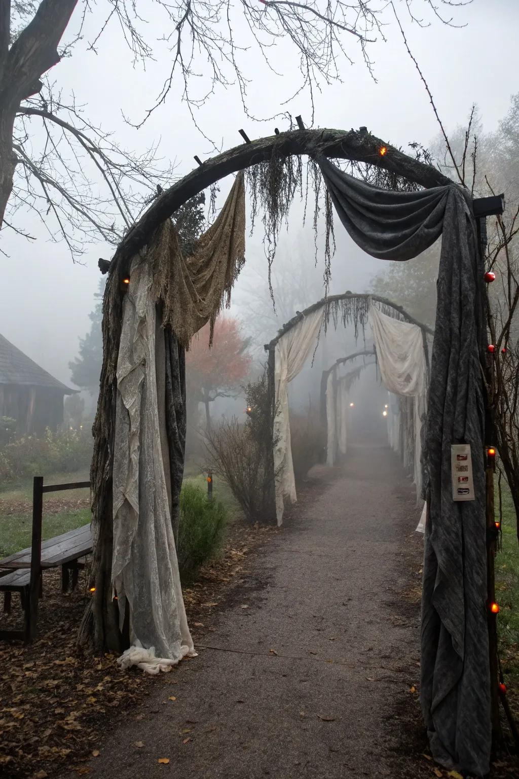 A misty doorway lures people into the Halloween path.