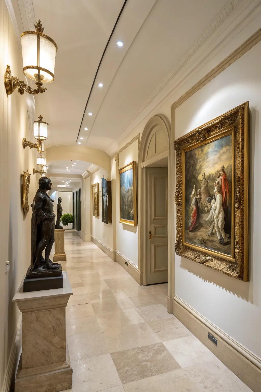 The combination of diverse art styles infuses personality into any hallway.