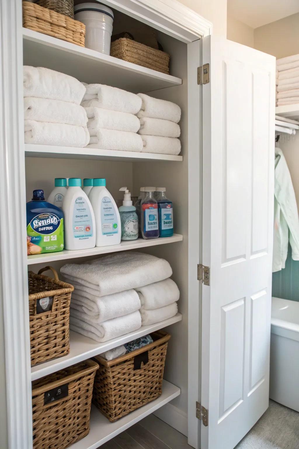 Open shelves keep laundry items arranged and easy to reach.