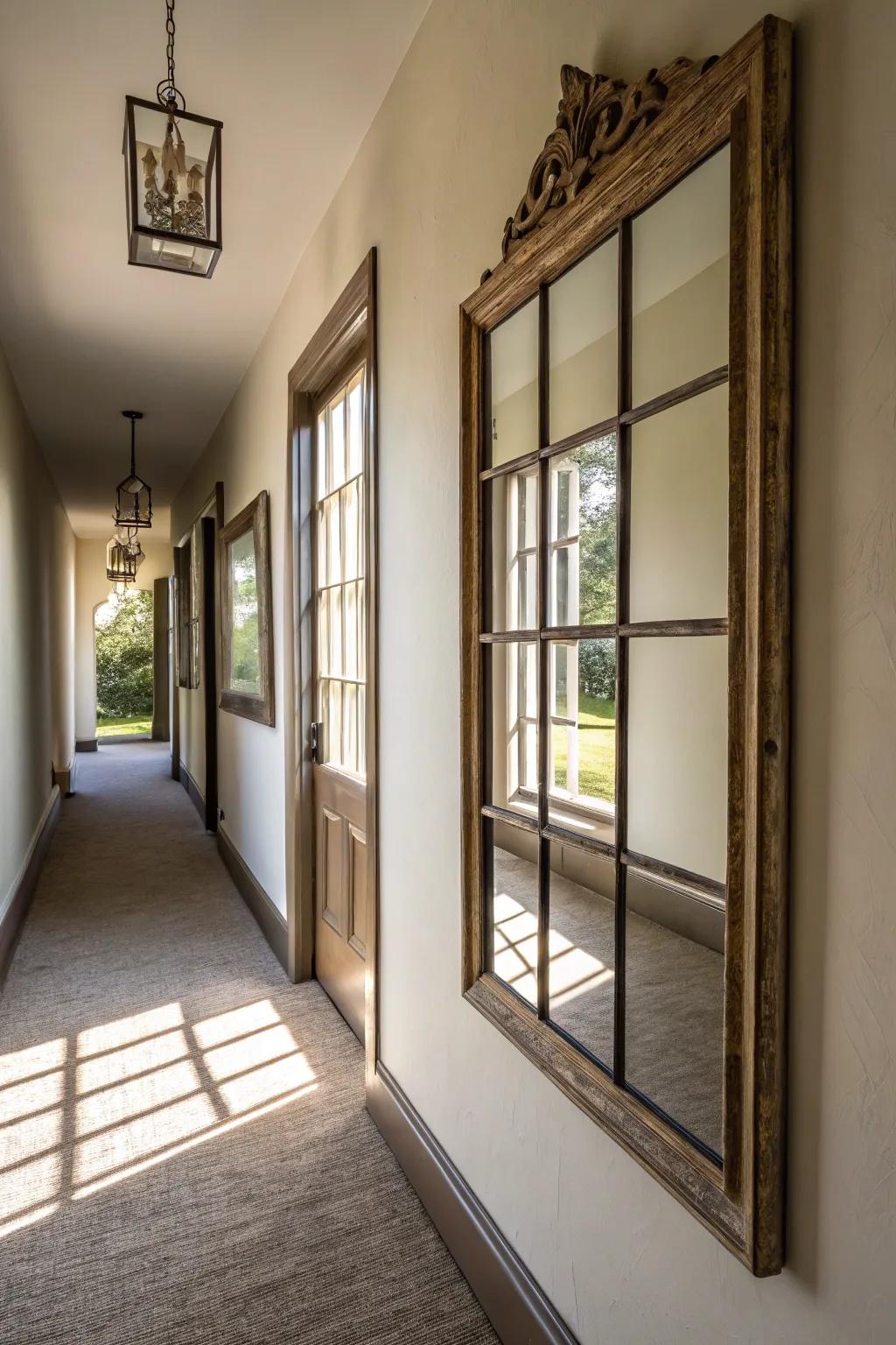 Windowpane mirrors add light and depth to any hallway.