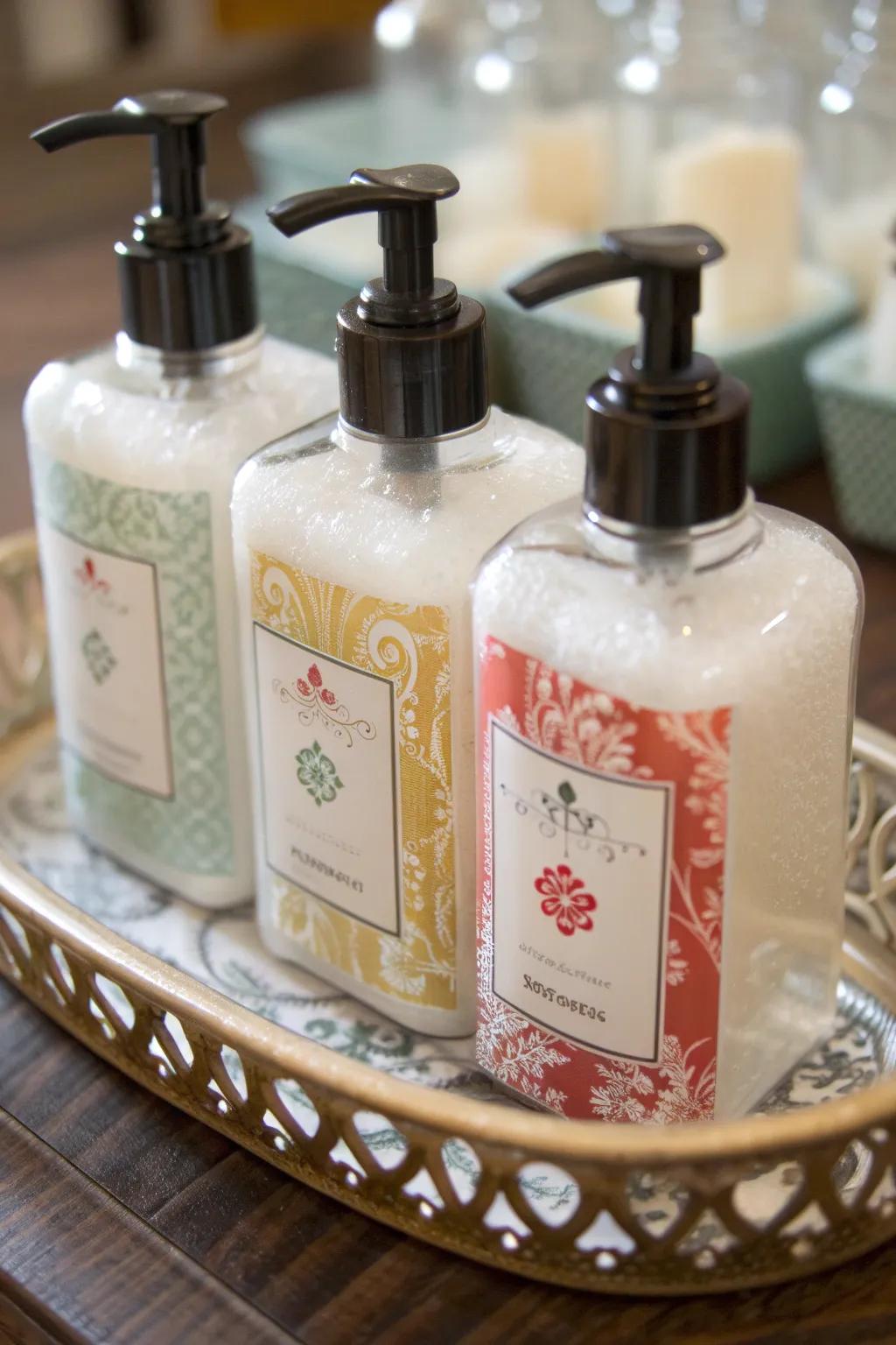 Custom-labeled hand soaps prepared for gifting.