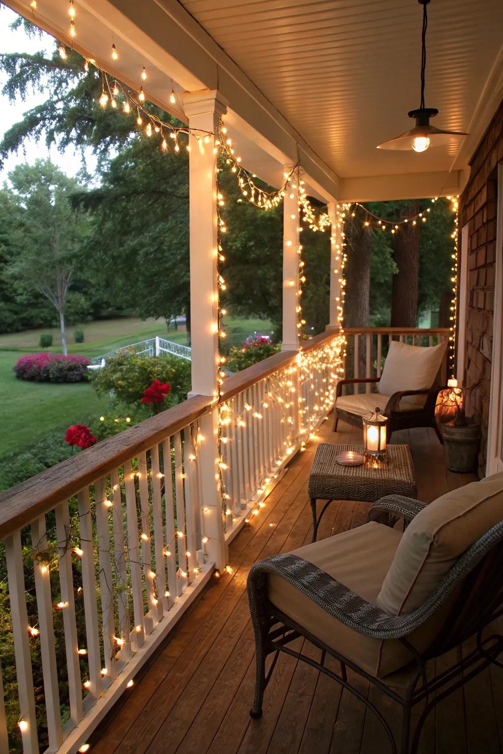 Twinkle strands wrapped around handrails for a festive touch