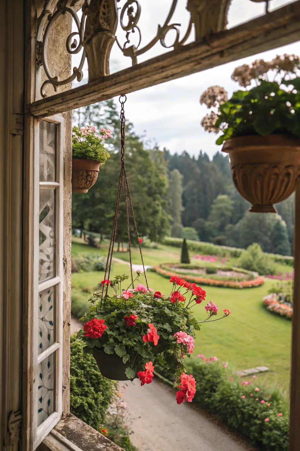 An antique window panel accentuates stunning geraniums.