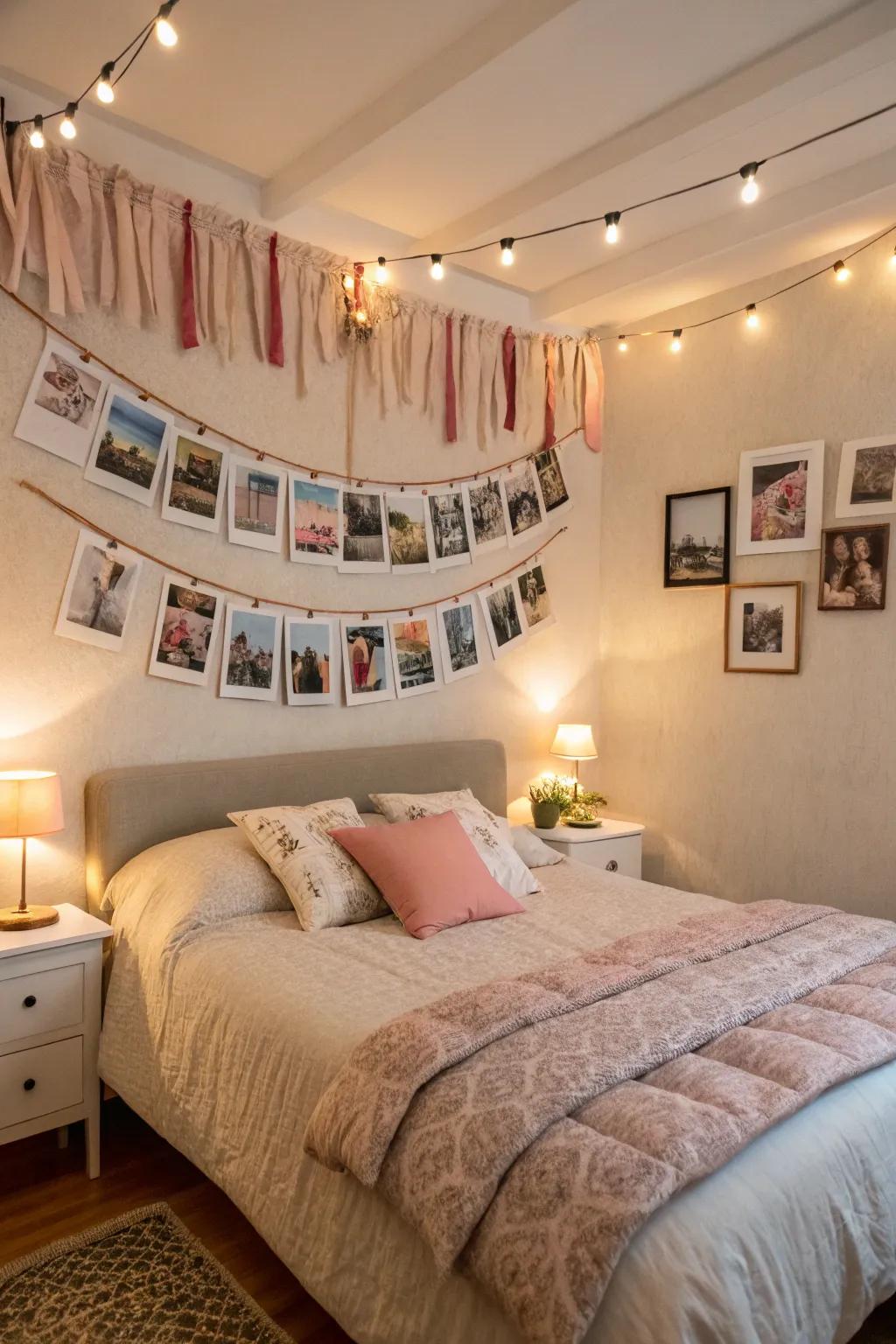 A peaceful bedroom featuring ribbons that match the linens, creating a harmonious decor.