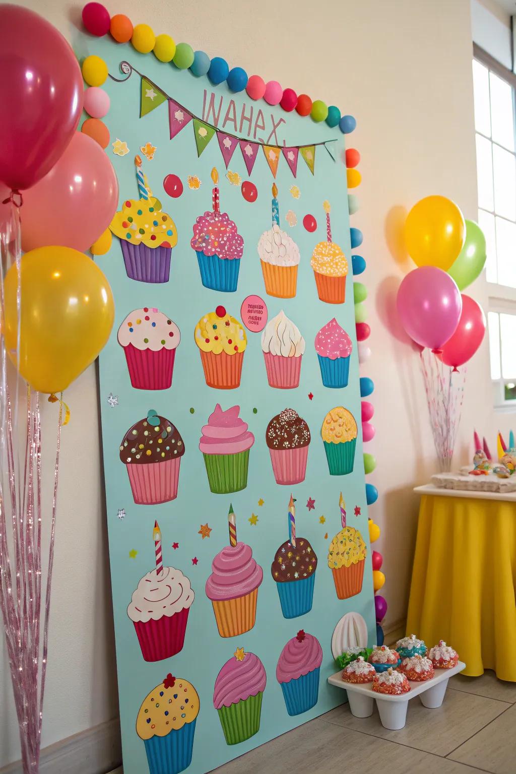A charming and colorful cupcake-themed birthday board.