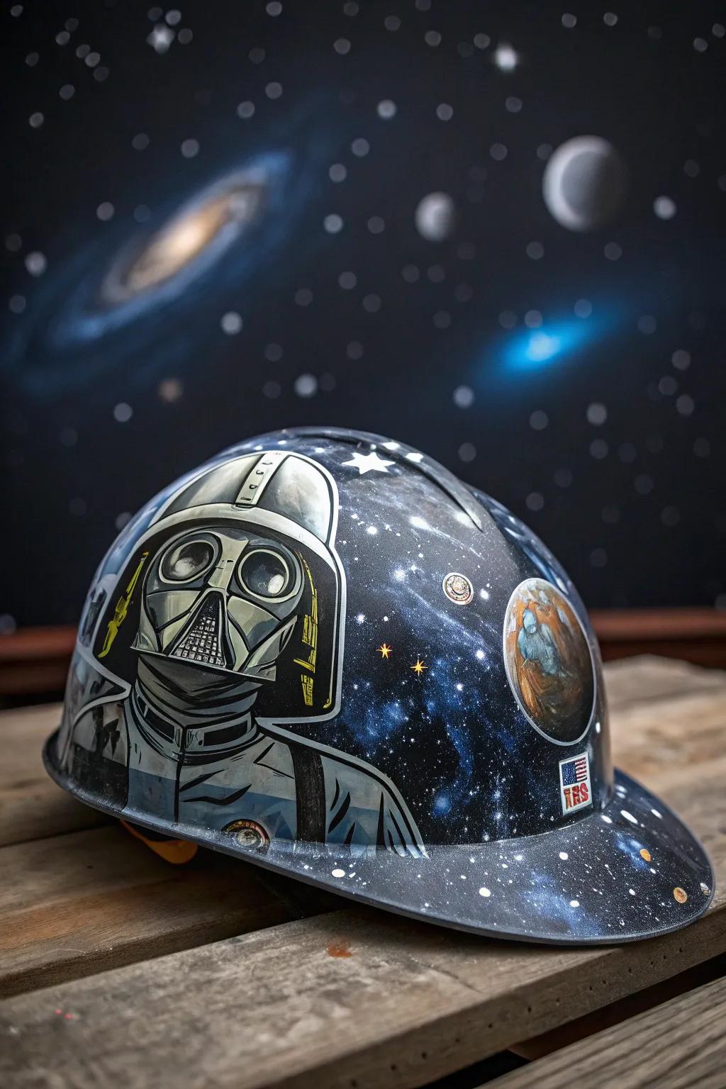 A hard hat showing off a sci-fi theme.