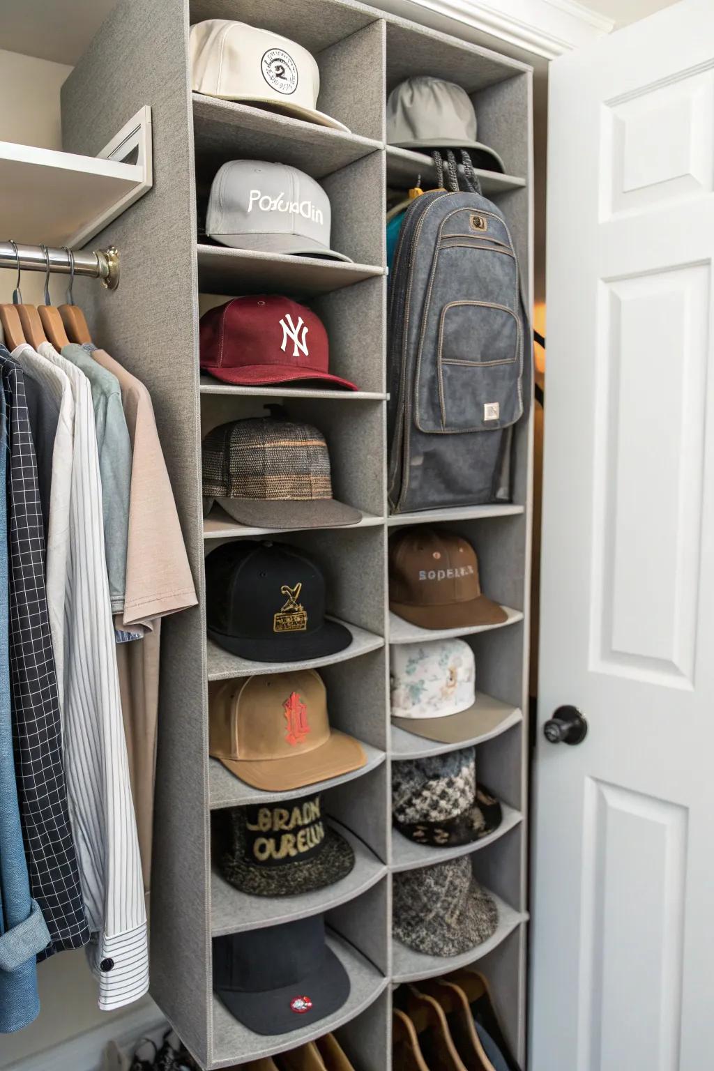 Closet with organized hat compartments.