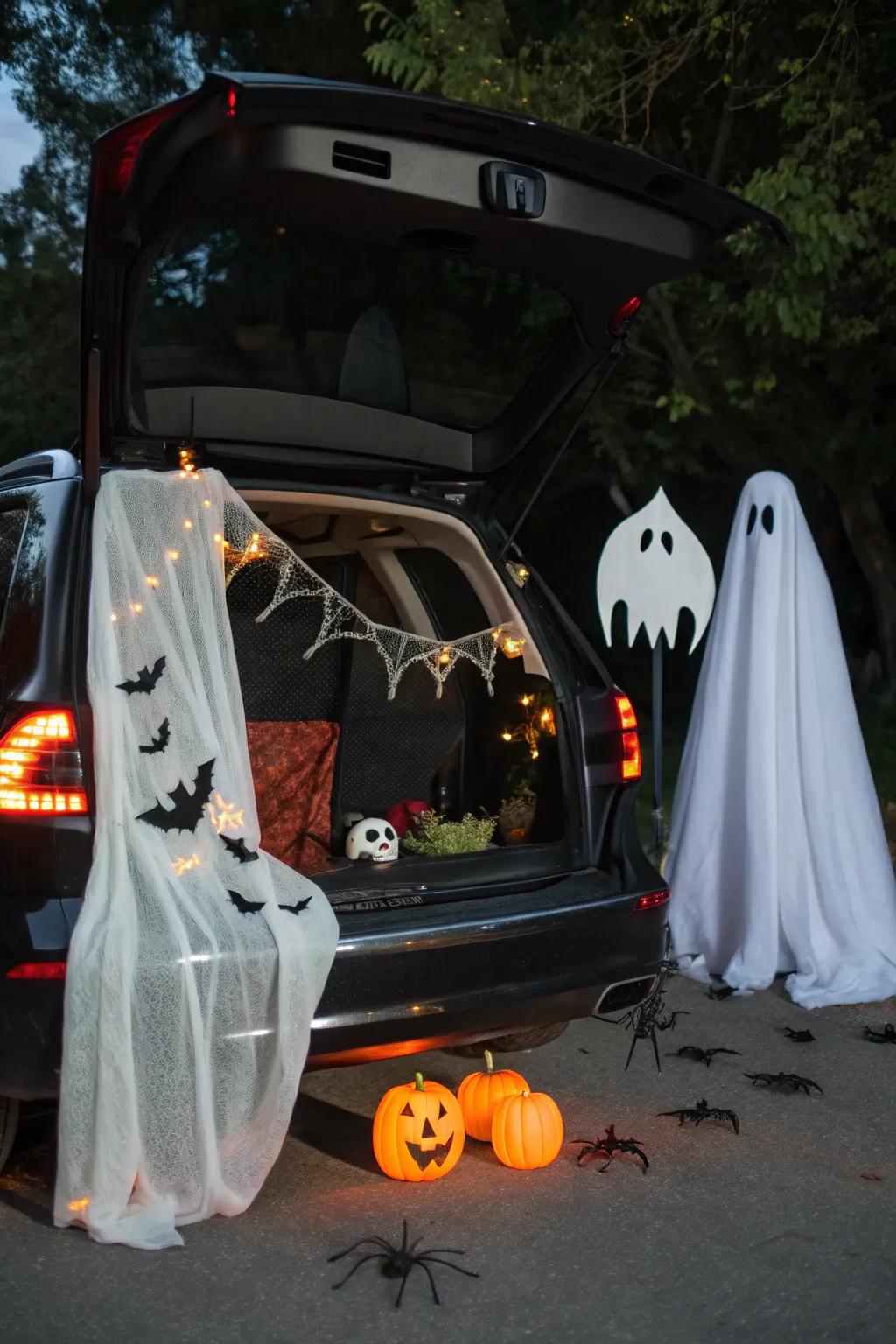 Add eerie decorations such as ghosts and bats for a classic spooky trunk.