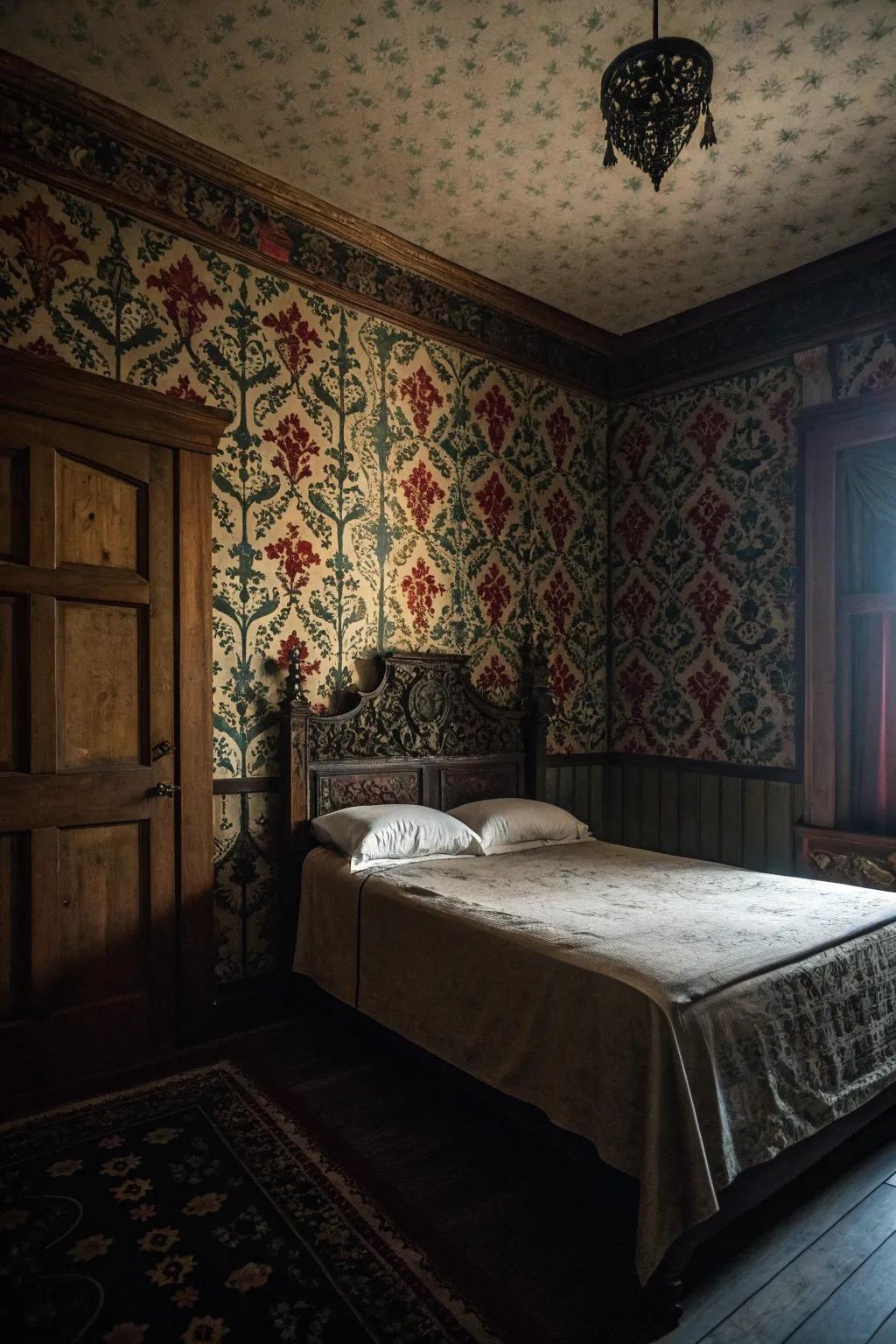 Elaborate wall covering patterns bring a touch of retro elegance.