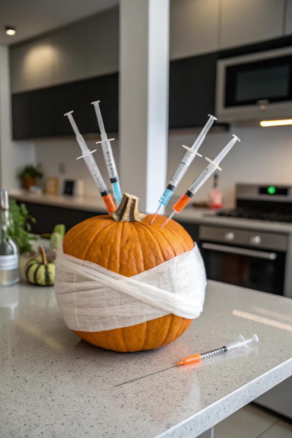 An unusual pumpkin embellished with injection tools and bandage for a carefree detail.