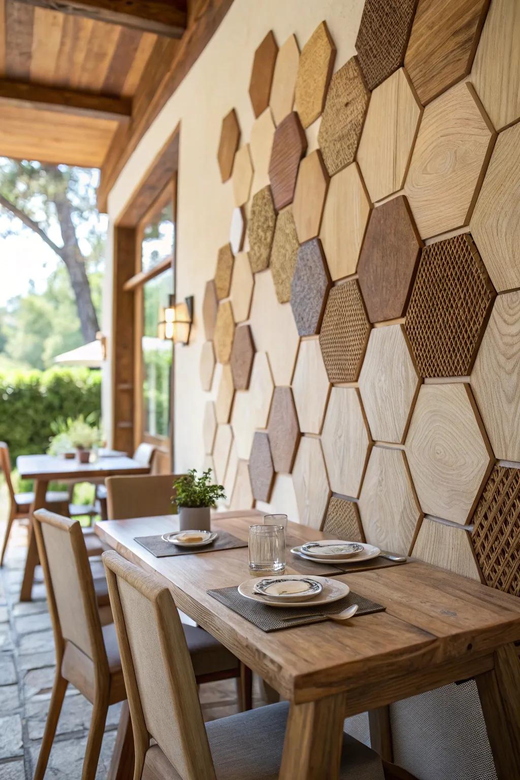 Wooden hexagons cultivate a welcoming and snug atmosphere.