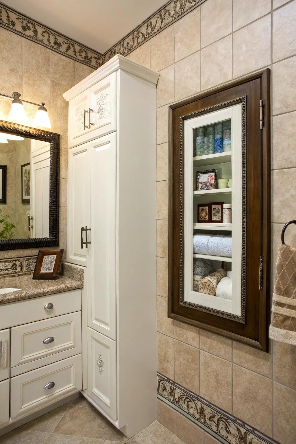 A picture frame ingeniously disguising a secret medicine cabinet.