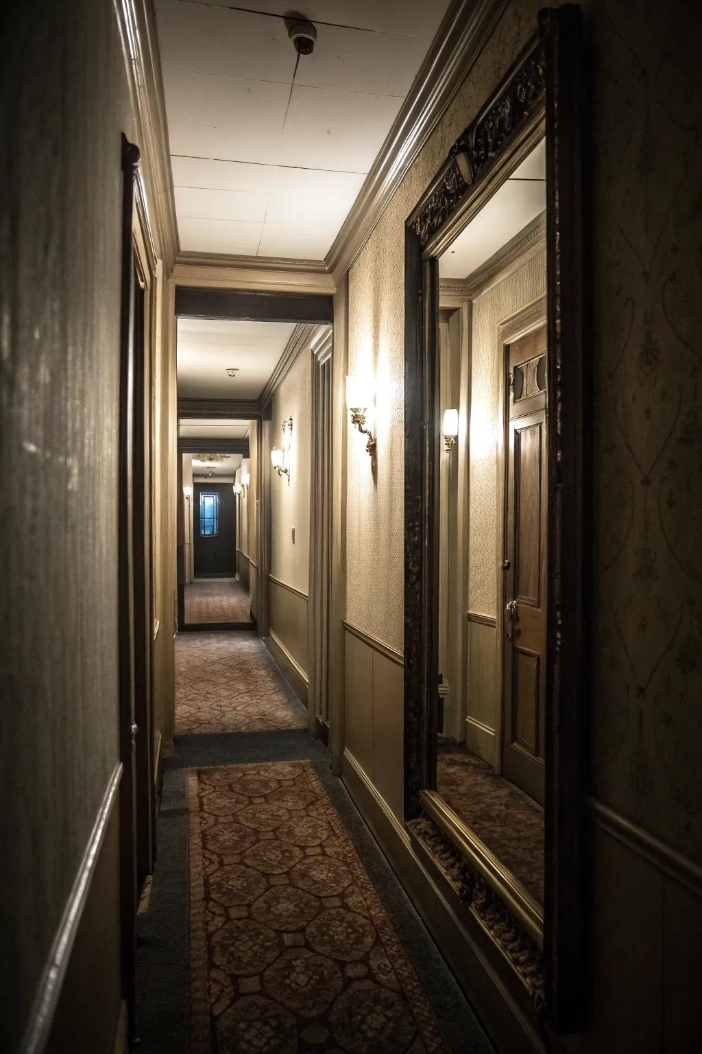 A hidden mirror door adds depth and intrigue to a hallway.