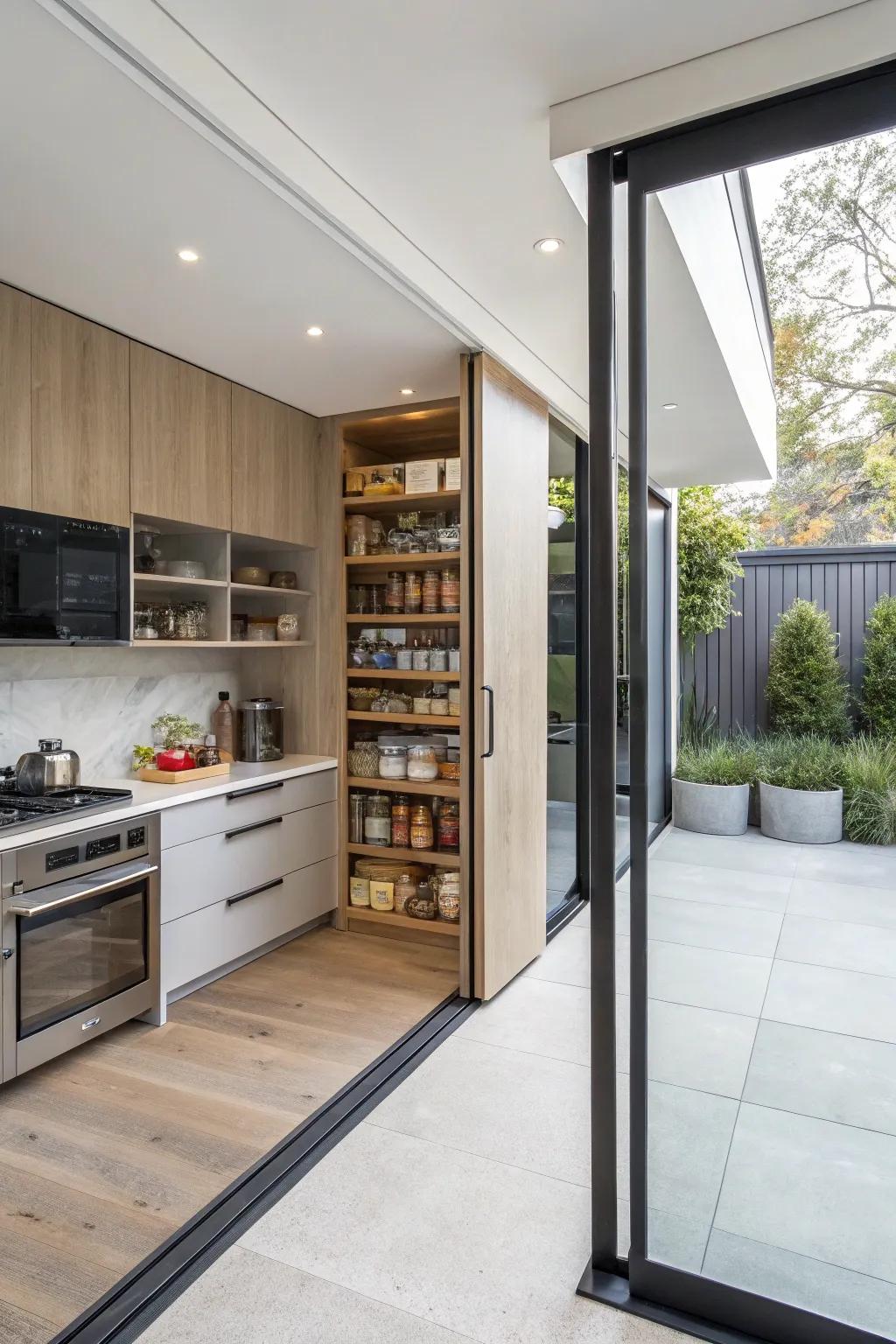 Sliding panels smoothly reveal a hidden pantry in a modern kitchen setup.
