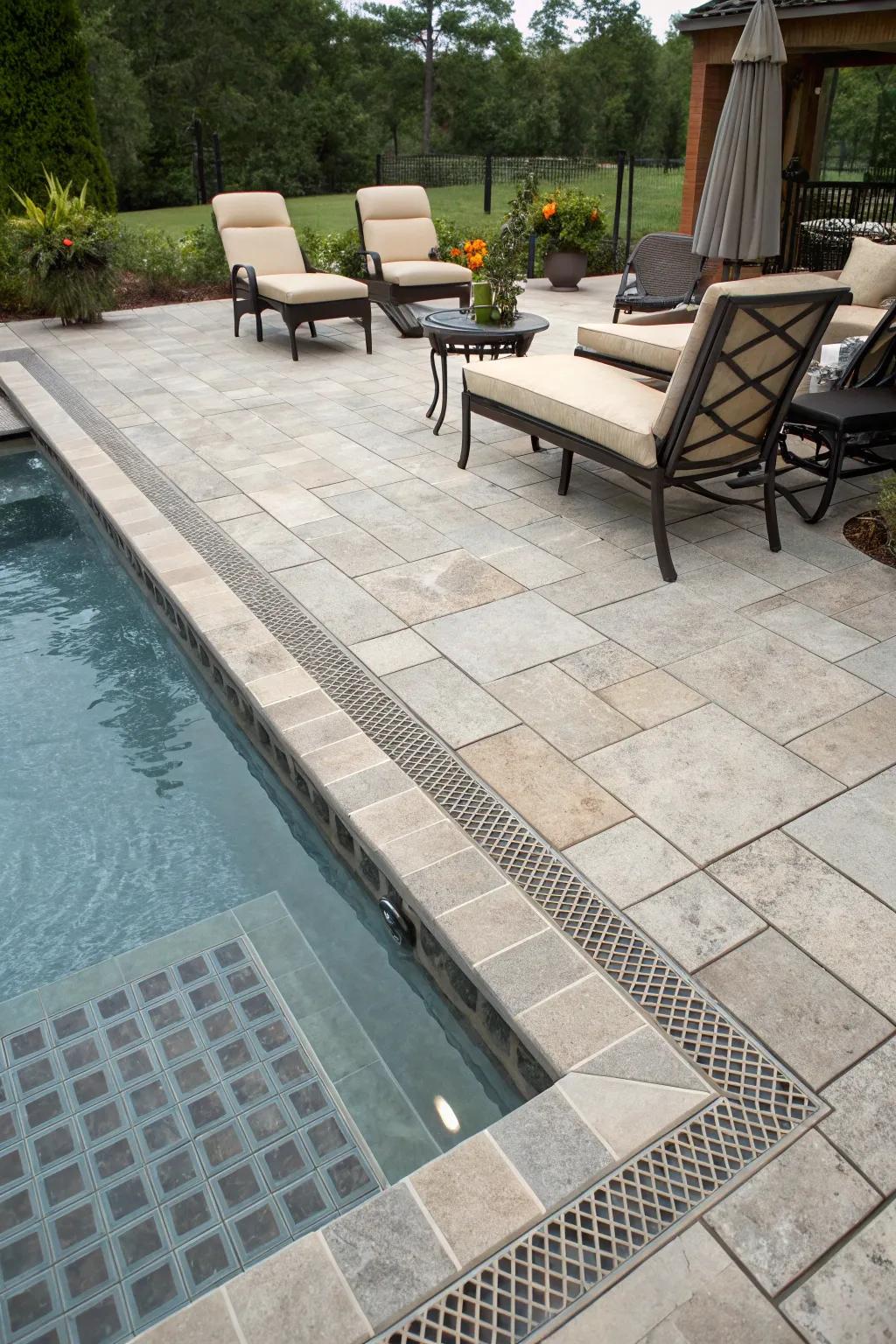 A poolside deck featuring tile-in drains for a seamless surface appearance.