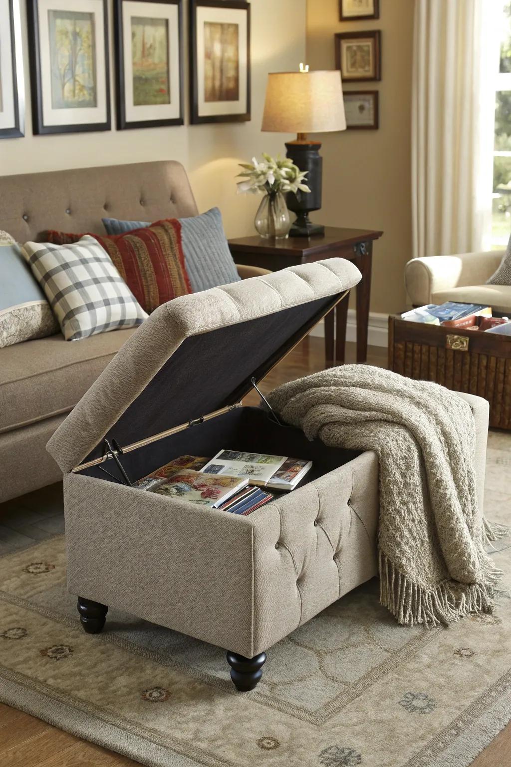 Chic ottoman featuring hidden storage for added comfort