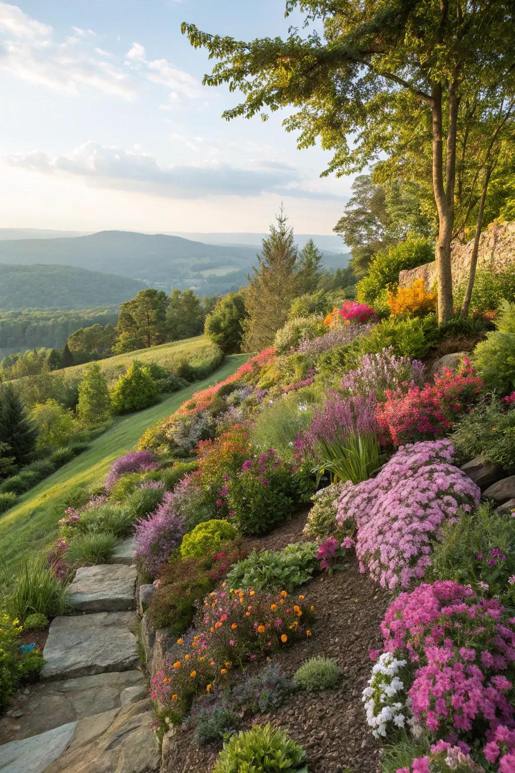 A variety of bright plants can transform a hillside into a lively garden.