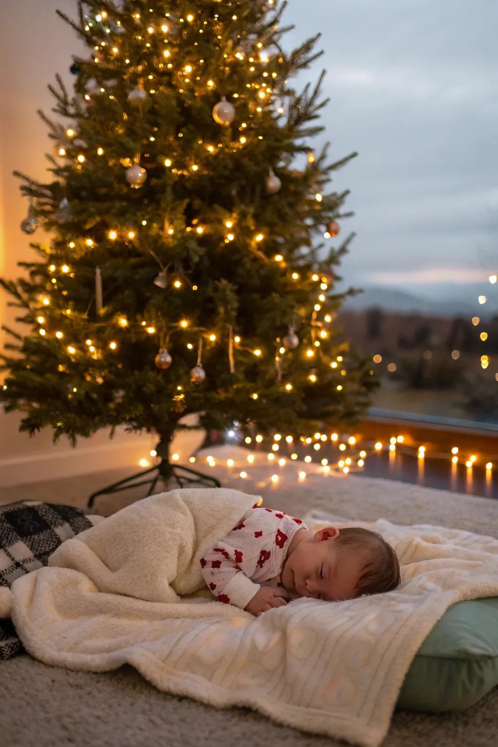 The glow of the Christmas tree fascinates those tiny eyes.