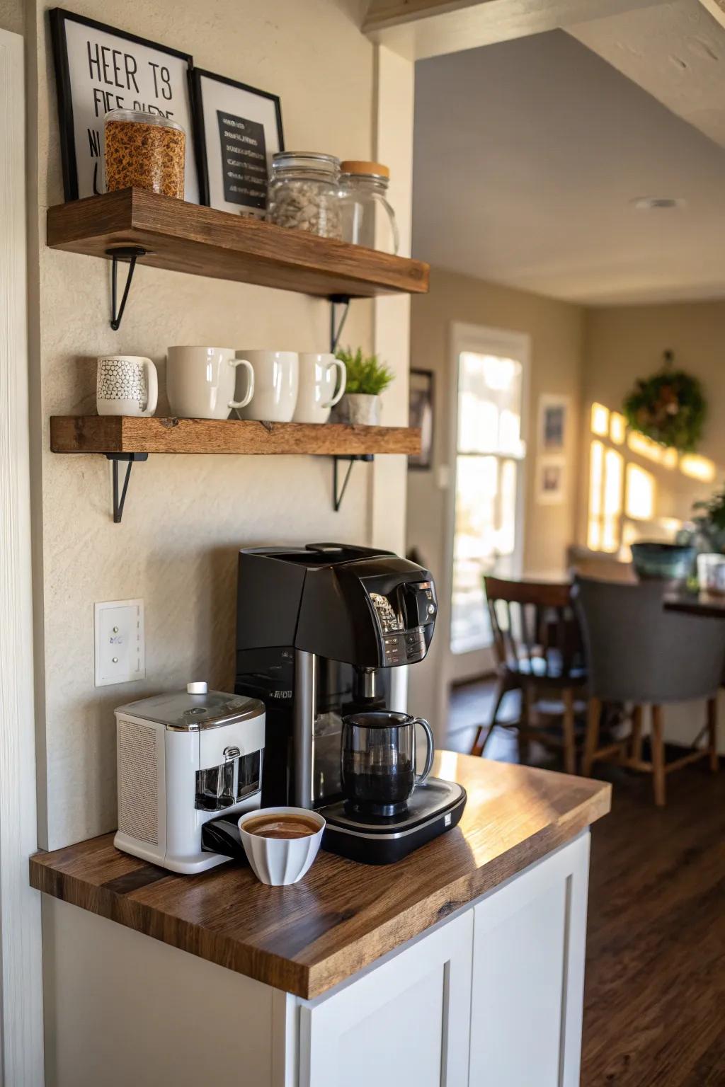 A compact corner coffee station provides an intimate spot for your coffee moments.