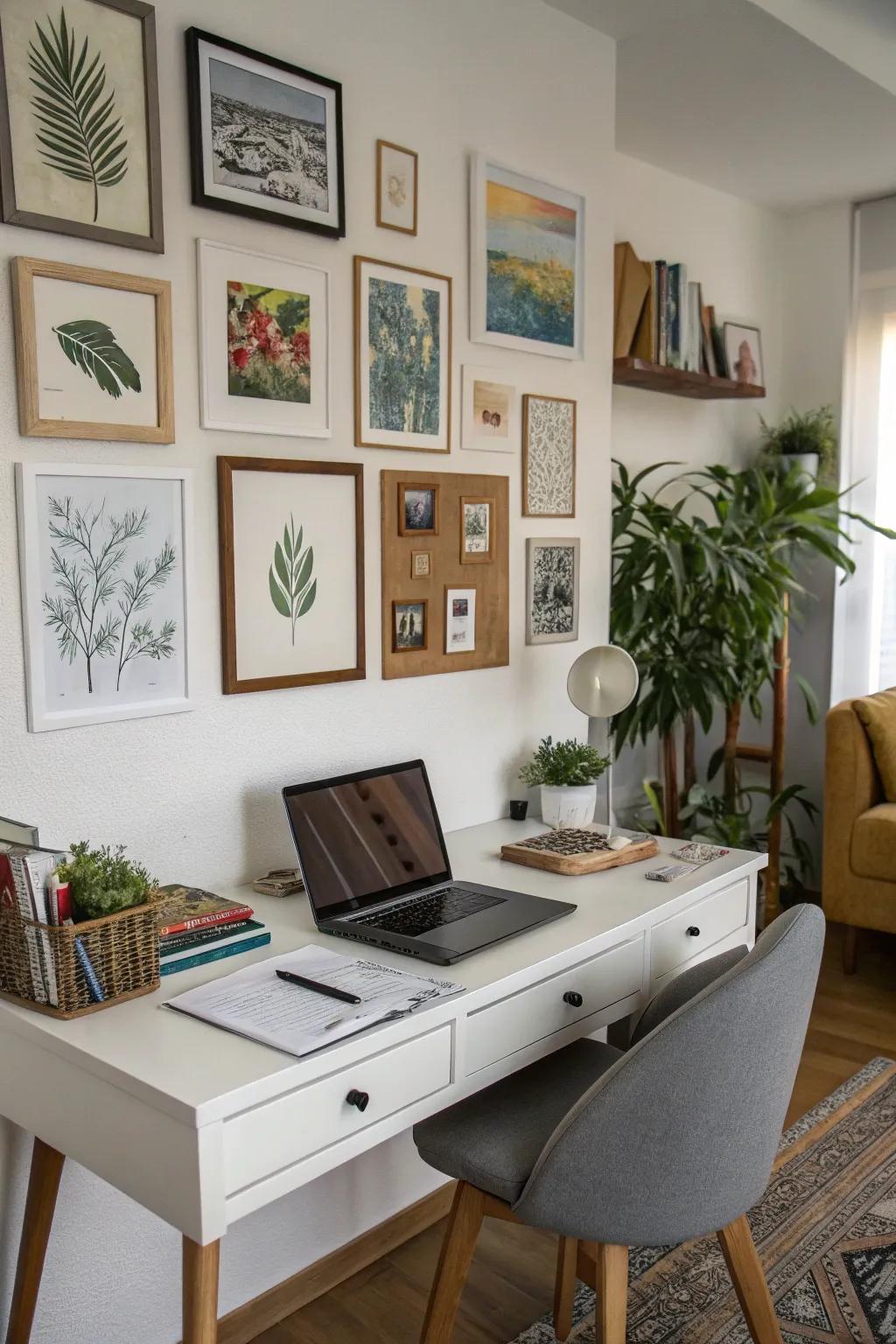 An inspiring art display wall imparts a personal touch to this home office.