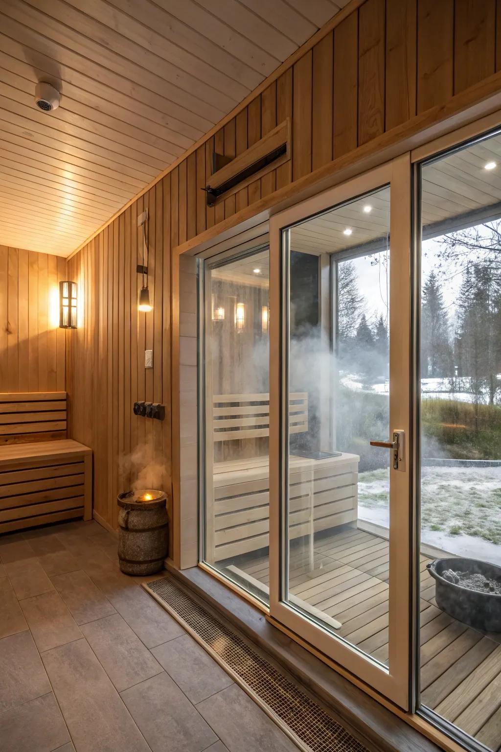 A sauna featuring glass doors that blend smoothly with the neighboring area.